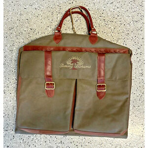 Vintage Tommy Bahama Garment Bag Luggage Leather Green/Brown Canvas Travel